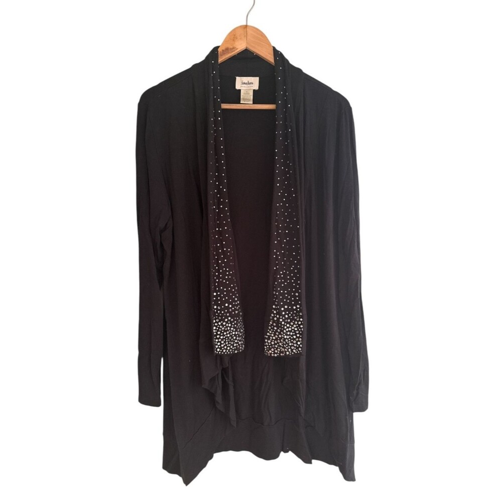 Neiman Marcus Black Rhinestone Open Cardigan Sweater Women's XL Jersey Knit